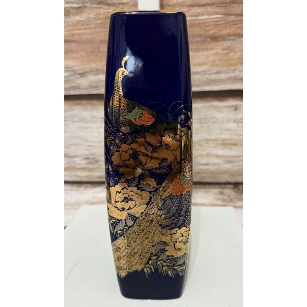 Japanese Colbalt Blue Vase Pheasant & Peony Floral Design Vintage Original